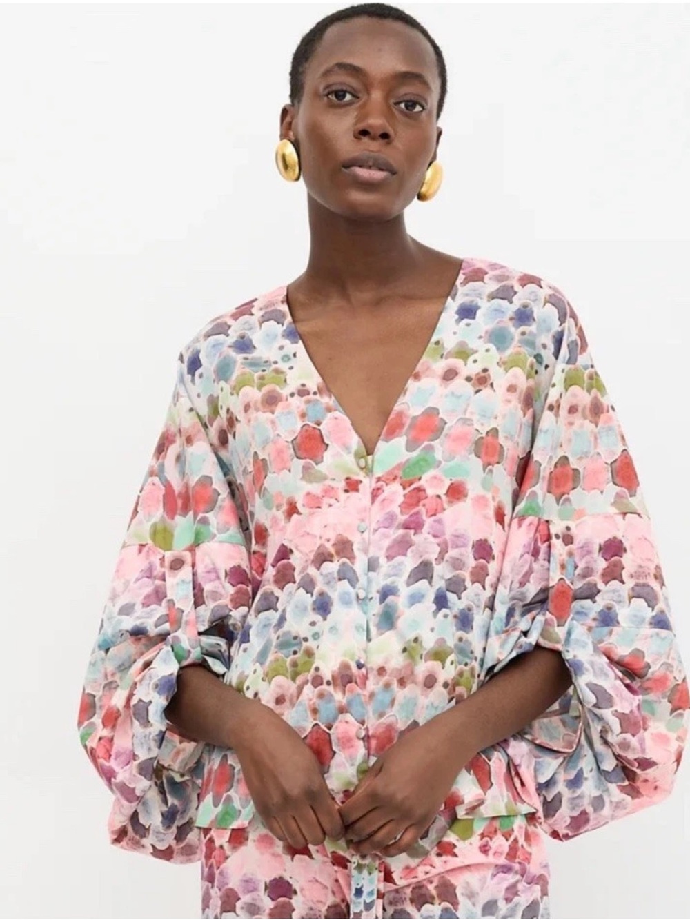 Alexis Charlie V-neck Watercolor Print Bell Sleeves Blouse Sz Medium